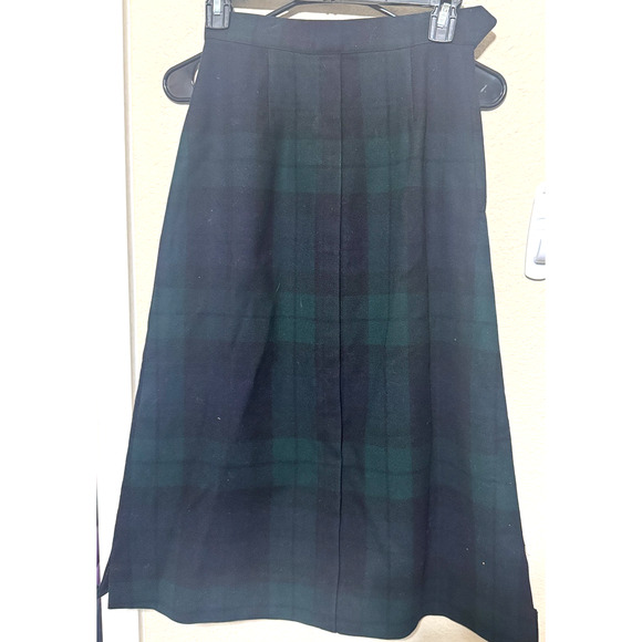 Vintage Pure Wool Plaid Skirt Green Navy Blue Homemade Tartan Midi Size XS - Picture 6 of 7